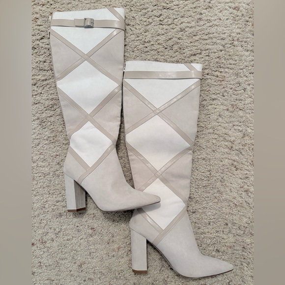 Nannette Shoes - Nannette Beige and White Heeled Boots